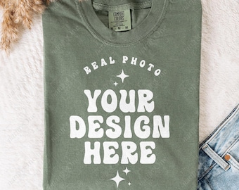 Comfort Colors 1717 Moss Folded T-Shirt Mockup CC 1717 Moss Green Flatlay Mock Up Tee Real Photo Simple Minimal Trendy Casual Neutral Boho