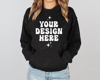 Gildan 18500 Black Hoodie Mockup, G185 Model Sweatshirt Mock Up, Crewneck Sweater Winter Mock, Real Photo Mockup, POD (Digital Download)