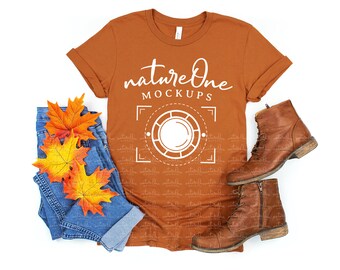 Fall 3001 Autumn Mockup Bella Canvas, Unisex T-Shirt Autumn Lifestyle Mock Up, Flat Lay Shirt Styled Mockup, White Background