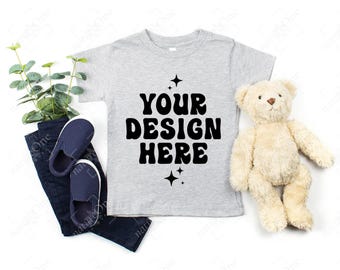 Bella Canvas 3001T Athletic Heather T-Shirt Mockup Toddler Kids Shirt Mock Up Flatlay Girls Boys Tee Flat Lay Real Photo Cute Cozy Neutral