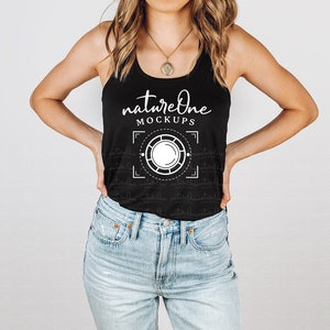 8800 Black Mockup Bella Canvas 8800 Tank Top Mockup Women&#39;s Flowy Racerback Model Mockup Black Tank Top Mock Up Black Racerback Tank Mockup