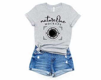 Bella Canvas 3001 Athletic Heather Grey Mockup Simple Unisex T-Shirt Lifestyle Mock Up Minimalistic Flat Lay Tee Shirt Styled
