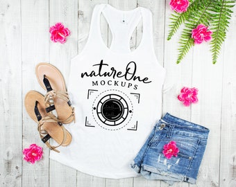 Next Level 1533 White Summer Flowers Mock Up Tank Top, Womens Racerback Tank Flat Lay, Beach Holiday Styled Mockup