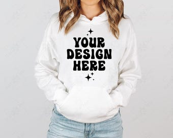 Gildan 18500 White Hoodie Mockup, G185 Model Sweatshirt Mock Up, Crewneck Sweater Winter Mock, Real Photo Mockup, POD (Digital Download)