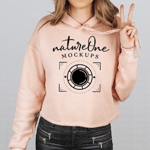 7502 Peach Bella Canvas Model Mockup, Women&#39;s Cropped Fleece Hoodie Mock Up, Hoodie Mockup, Crop Hoodie Sweatshirt Mockup