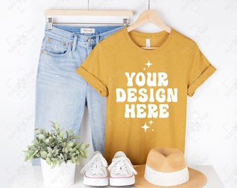 Bella Canvas 3001 Heather Mustard Mockup, 3001 Mockup, Heather Mustard T-Shirt Mockup, Hanging Shirt Lifestyle Mockup Hanger Mock Up