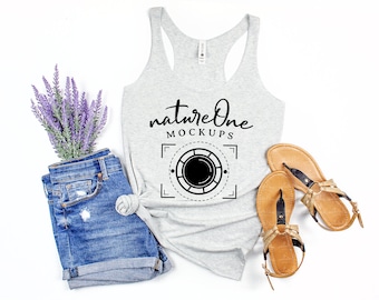 Następny poziom 6733 Heather White Mockup Knotted Tank Mock Up Damski top typu racerback Flat Lay 6733 Wiosna Lato Stylizowany top bez rękawów Mockup