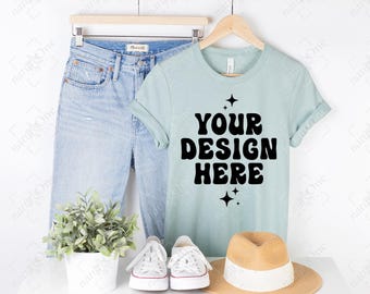 Bella Canvas 3001 Heather Dusty Blue 3001 Mockup, Prism Dusty Blue T-Shirt Hanging Shirt Lifestyle Mockup Hanger Mock Up