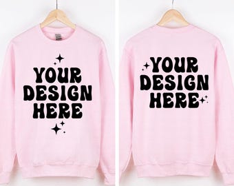 Front and Back Gildan 18000 Light Pink Mockup Pink Sweatshirt Mockup G180 Crewneck Mockup Hanging Hanger Mock Up Simple Neutral Minimalist