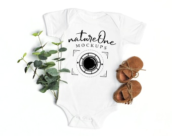 Bella Canvas 100B White Baby Bodysuit Mockup, Cute White Baby Onesie Mock Up Flat Lay Flatlay Real Photo Mockup, POD (Digital Download)