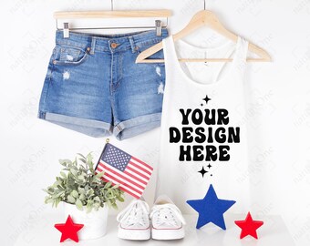 Next Level 1533 White 4th of July Tank Top Mockup, Patriotic Racerback Hanging Hanger Mock Up, Real Photo Mockup (Digital Download)