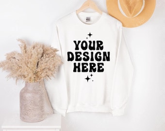 Gildan 18000 White Sweatshirt Mockup | G180 White Crewneck Sweater Mock Up | Boho Hanging Hanger Real Photo Mockup | POD (Digital Download)