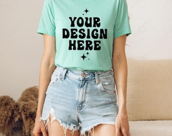 Bella Canvas 3001 Heather Mint T-shirt mockup voor- en achterkant | BC3001 mockup | T-shirt met echt model | Simpel, trendy, casual, neutraal, boho