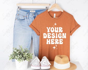 Bella Canvas 3001 Heather Autumn Mockup, 3001 Mockup, Heather Autumn T-Shirt Mockup, Hanging Shirt Lifestyle Mockup Hanger Mock Up