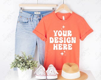 Bella Canvas 3001 Coral Mockup, 3001 Mockup, Coral T-Shirt Mockup, Hanging Shirt Lifestyle Mockup Hanger Mock Up