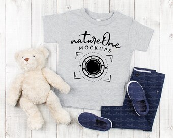 Bella Canvas 3001T Heather Grey Kids T-Shirt Mockup | Unisex Toddler Shirt Mock Up | Boys Tee Shirt Flat Lay