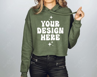 Bella Canvas 7502 Military Green Model Mockup | Women's Cropped Crop Hoodie Mock Up | Real Person Photo Studio Mockup POD (Digital Download)
