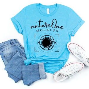 Bella Canvas 3001 Heather Aqua Mockup / Unisex T-Shirt Mock Up Flat Lay Styled Mockup White Background