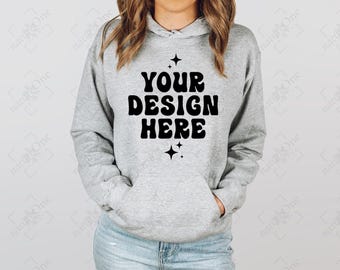 Gildan 18500 Sport Grey Heather Hoodie Mockup, G185 Model Sweatshirt Mock Up, Crewneck Sweater Winter Real Photo Mockup (Digital Download)