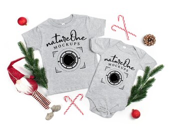 Bella Canvas 3001T 100B Athletic Heather Christmas Mockup, Baby Bodysuit Toddler Kids T-Shirt Mock Up, Matching Siblings Flat Lay X-Mas