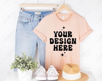 Bella Canvas 3001 Heather Peach Mockup, 3001 Mockup, Heather Peach T-Shirt Mockup, zum Aufhängen Shirt Lifestyle Mockup Kleiderbügel MockUp