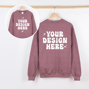 Front and Back Gildan 18000 Heather Sport Dark Maroon Mockup Sweatshirt G180 Crewneck Hanging Hanger Mock Up Simple Neutral Minimalist