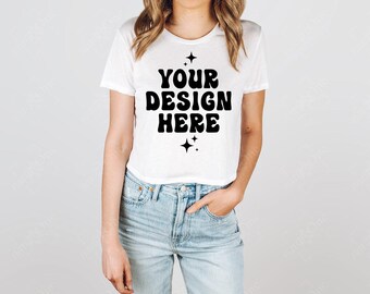 8882 Bella Canvas Mockup White Cropped T-Shirt Model Mock Up Flowy Crop Tee Mockup Shirt TShirt Studio Model Mockup