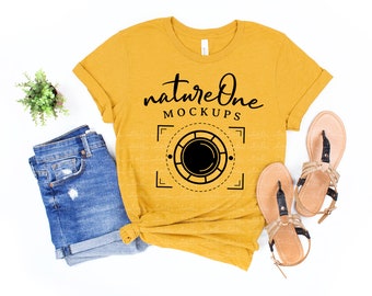 Heather Mustard Bella Canvas 3001 Mockup / Unisex T-Shirt Summer Holiday Lifestyle Mock Up / Flat Lay Shirt Styled Mockup / White Background