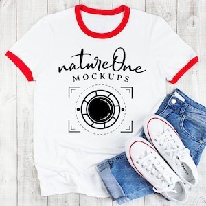 Ringer T-Shirt Mock Up | Unisex Ringer Shirt | White & Red | Ringer Tee Mockup Flat Lay | Blank Unisex Men Women Youth Ringer Tee Display