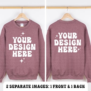 Front and Back Gildan 18000 Heather Sport Dark Maroon Mockup Sweatshirt G180 Crewneck Hanging Hanger Mock Up Simple Neutral Minimalist