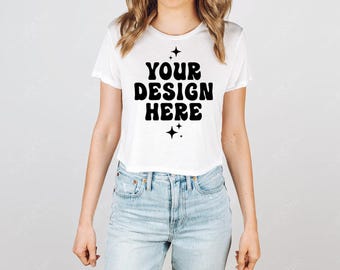 Bella Canvas 8882 Mockup White Cropped T-Shirt Model Mock Up Flowy Crop Tee Mockup Shirt TShirt Studio Model Mockup