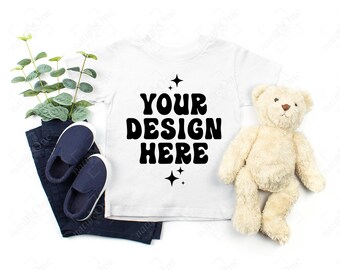 Bella Canvas 3001T White T-Shirt Mockup Toddler Kids Shirt Mock Up Flatlay Girls Boys Tee Flat Lay Real Photo Cute Cozy Neutral