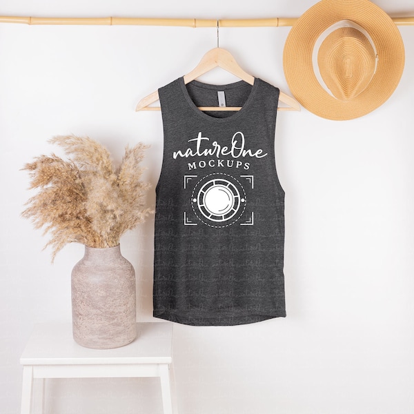 Next Level 5013 Charcoal Muscle Tank Mockup, Hanging Tank Mockup, Boho Mockup Dark Grey Muscle Tank Mock Up, Festival Tank Top Summer Mockup