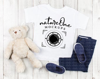 Bella Canvas 3001T White Kids T-Shirt Mockup | Unisex Toddler Shirt Mock Up | Boys Tee Shirt Flat Lay