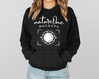 Gildan 18500 Black Hoodie Mockup Black G185 Sweatshirt Unisex Crewneck Sweater Model Mock Up Winter Simple Neutral Minimalist