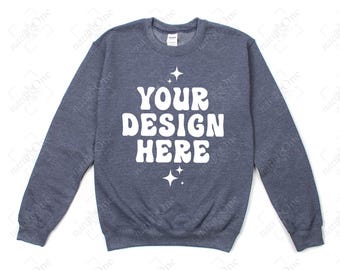Gildan 18000 Heather Mörk Marinblå Sweatshirt Mockup G180 Rundkragetröja Mockup Flat Lay Riktig Flatlay Mock Enkel Minimal Neutral Basic