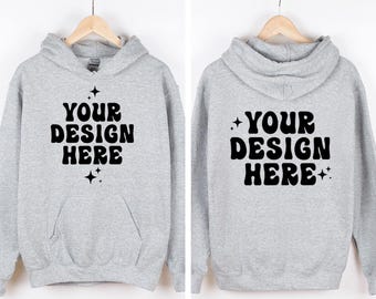 Front and Back Gildan 18500 Sport Grey Mockup Hoodie Mockup G185 Hooded Sweatshirt Mockup Hanging Hanger Mock Up Simple Neutral Minimalist