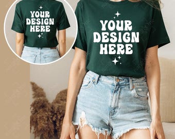 Bella Canvas 3001 Forest T-Shirt Mockup Front & Back | BC3001 Mock Up | Tee Real Model Mock Simple Trendy Casual Neutral Boho