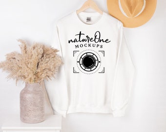 Gildan 18000 White Sweatshirt Mockup, Boho Hanging G180 Unisex Heavy Blend Crewneck Sweatshirt Mock Up, Hanger Gildan Sweater Mockup