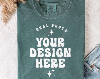 Comfort Colors 1717 Blue Spruce Folded T-Shirt Mockup CC 1717 Flatlay Mock Up Tee Real Photo Simple Minimal Trendy Casual Neutral Boho