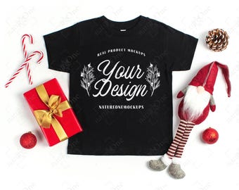 Bella Canvas 3001T Black Christmas Toddler T-Shirt Mockup Flatlay Kids Shirt Mock Up Flat Lay Boys Girls Tee Festive Holiday X-Mas