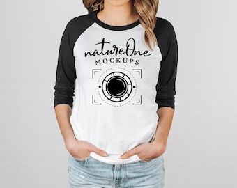 Bella Canvas 3200 Mockup, Black & White Raglan Shirt Mockup, Unisex Black White 3/4 Sleeve Baseball Shirt Model Baseball Tee Studio Mock Up