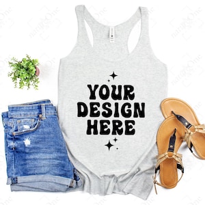 Next Level 6733 Heather White Mockup Womens Racerback Tank Top Mock Up Flatlay Flat Lay Spring Summer Styled Casual Minimal Neutral
