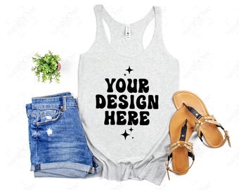 Next Level 6733 Heather White Mockup Womens Racerback Tank Top Mock Up Flatlay Flat Lay Spring Summer Styled Casual Minimal Neutral