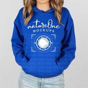 18500 Royal Blue Hoodie Mockup, Gildan Royal Blue G185 Sweatshirt Unisex Crewneck Sweater Model Mock Up Winter