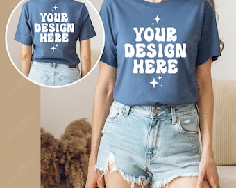 Bella Canvas 3001 Steel Blue T-Shirt Mockup Front & Back | BC3001 Mock Up | Tee Real Model Mock Simple Trendy Casual Neutral Boho