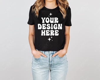 8882 Mockup Black Bella Canvas Cropped T-Shirt Model Mock Up Loose Crop Tee Mockup Shirt TShirt Studio Model Mockup