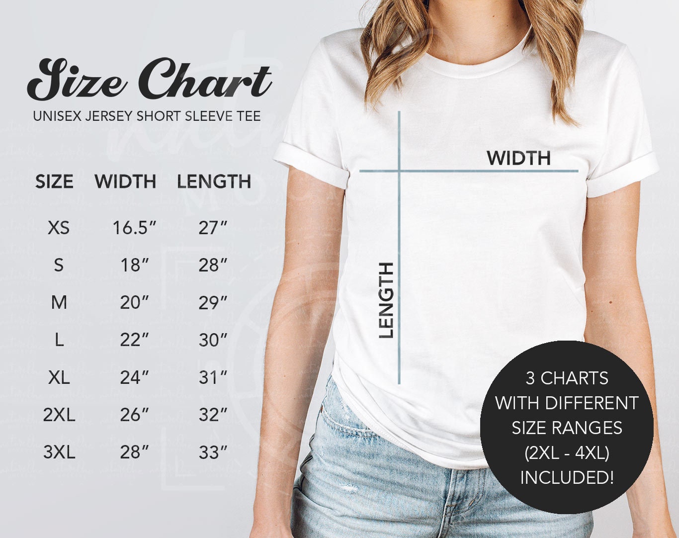 Bella Canvas 3001 Size Chart Mockup T-shirt Sizing Chart - Etsy