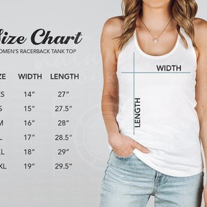 May include: Size chart for a racerback tank top with measurements in inches for width and length. Sizes include XS, S, M, L, XL, and 2XL.