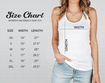 Könnte beinhalten: Eine Größentabelle für ein weißes Racerback-Tanktop mit den Größen XS bis 2XL. Die Tabelle zeigt Breiten- und Längenmaße in Zoll, von 14 bis 19 Zoll für die Breite und 27 bis 29,5 Zoll für die Länge, dargestellt neben dem abgebildeten Tanktop.
